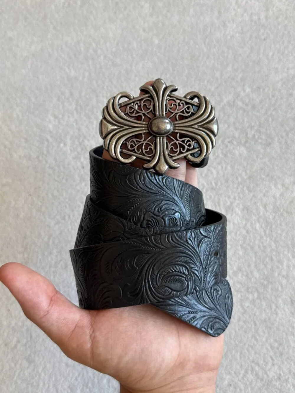 Black Floral Embossed Filigree Belt